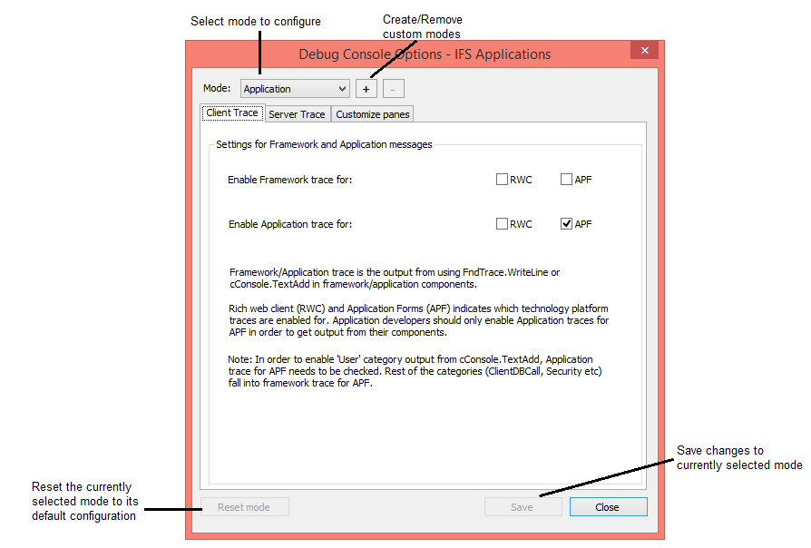Overview of debug console mode configuration dialog